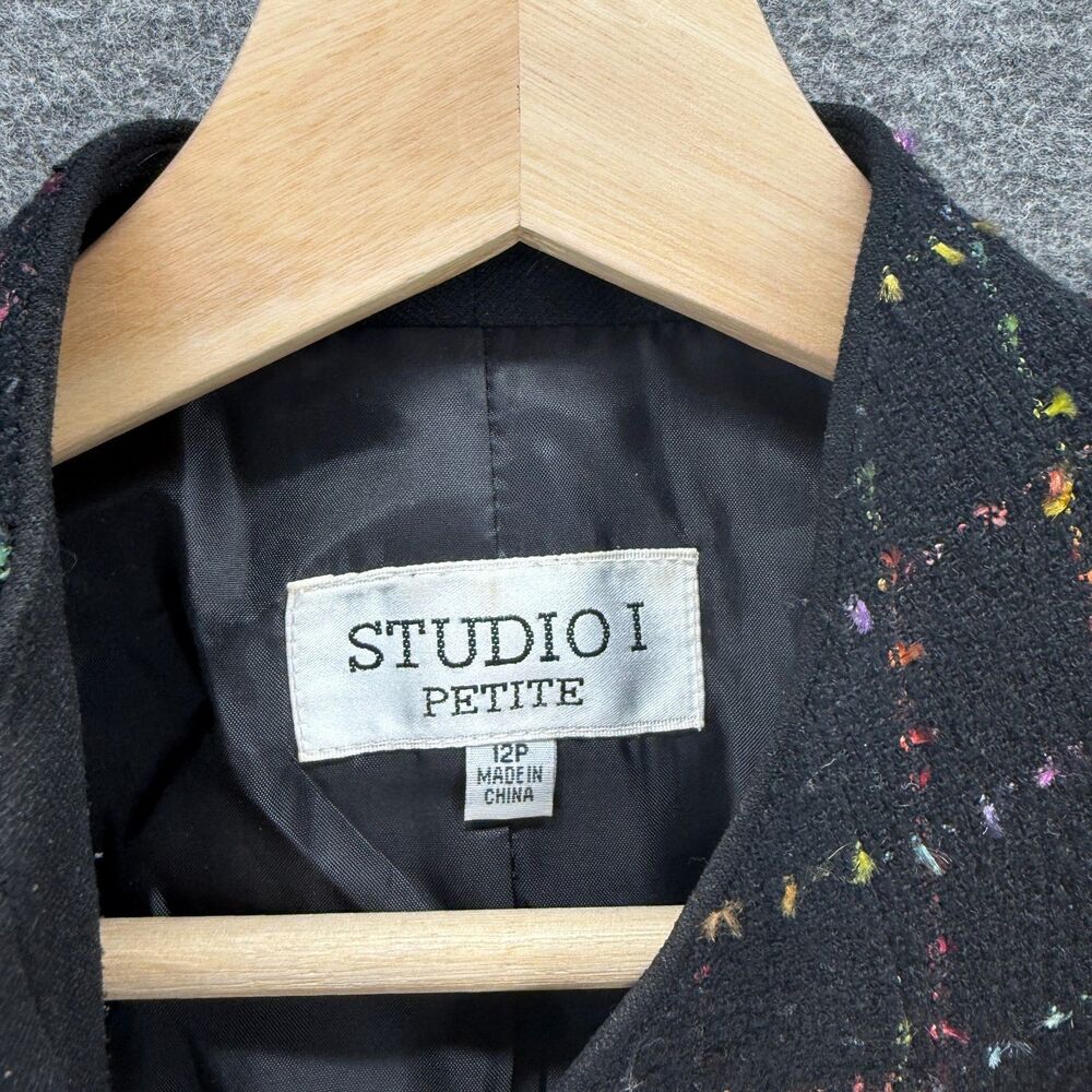 Studio I Blazer Women 12P Petite Black Plaid Open Front Long Sleeve Lined Casual - Picture 3 of 7